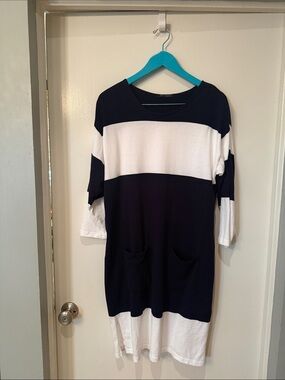 Cute Comfortable Navy & White Wide Stripe Dress by New Orleans Knitwear